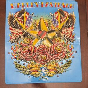 Harley-Davidson Blue Metal Sign with Red Roses and Golden Star